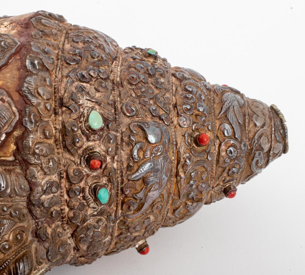 19th Century Tibetan Buddhist Silver Covered Shell Horn, 19th C