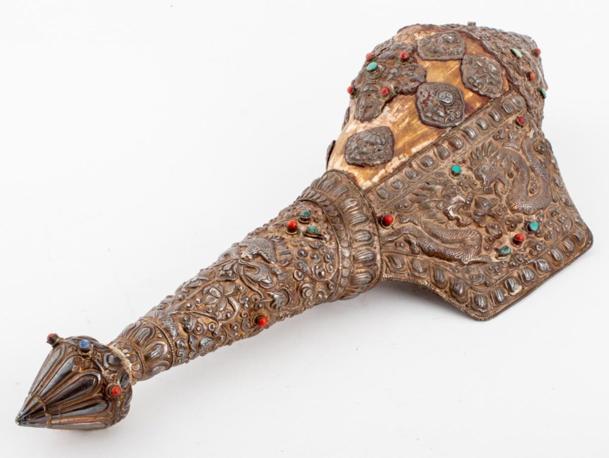 Tibetan Buddhist Silver Covered Shell Horn, 19th C 1