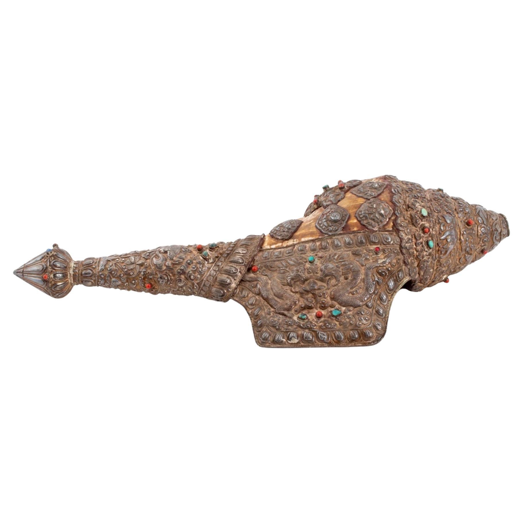 Tibetan Buddhist Silver Covered Shell Horn, 19th C