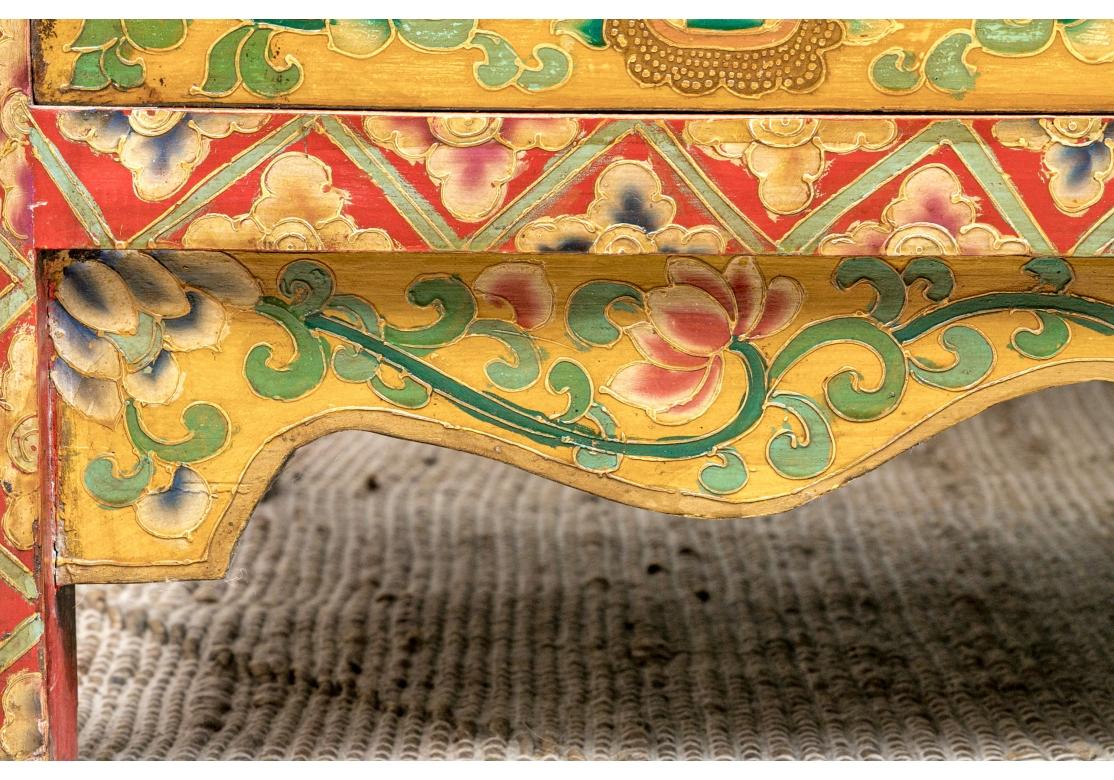 Hand-Painted Tibetan Carved And Hand Paint Bench with Elaborate Decoration For Sale