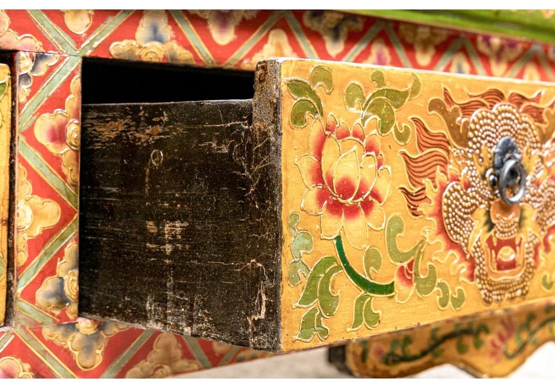 Tibetan Carved And Hand Paint Bench with Elaborate Decoration In Fair Condition For Sale In Bridgeport, CT