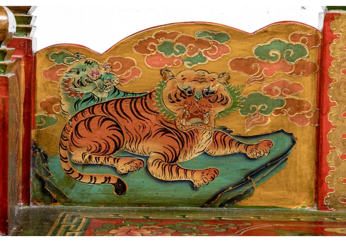 Tibetan Carved And Hand Paint Bench with Elaborate Decoration In Fair Condition For Sale In Bridgeport, CT
