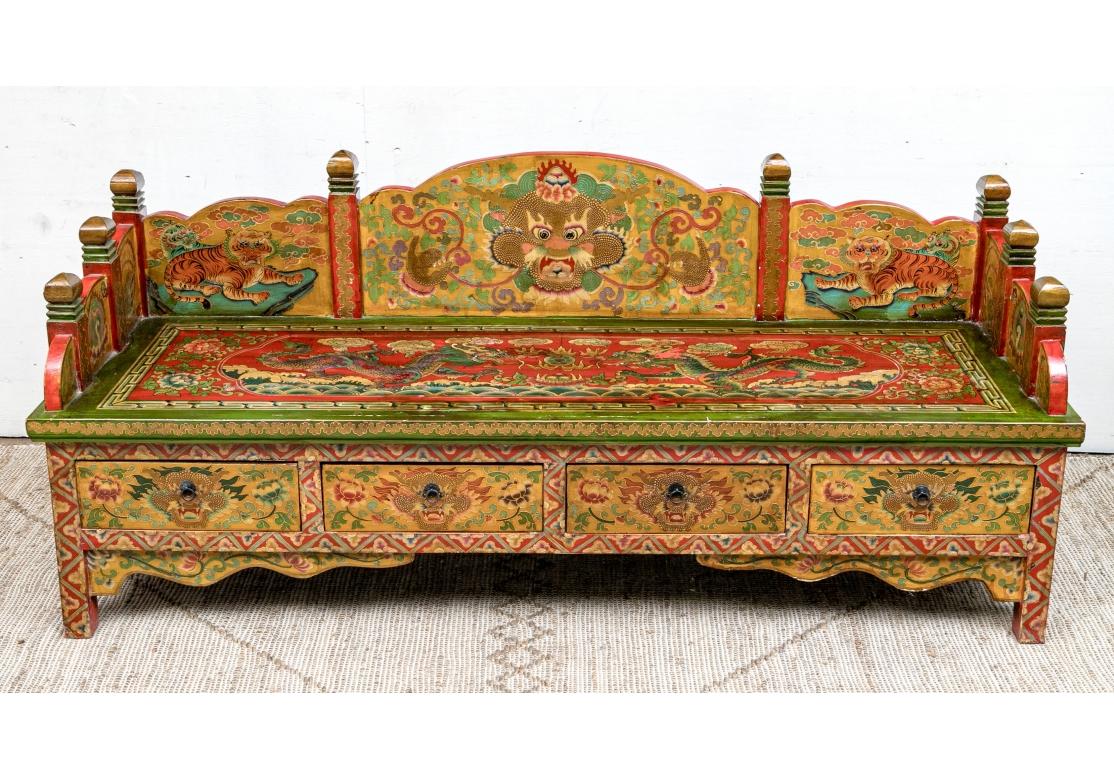 20th Century Tibetan Carved And Hand Paint Bench with Elaborate Decoration For Sale