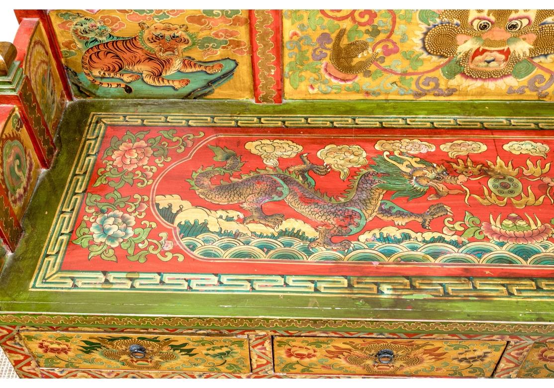 Wood Tibetan Carved And Hand Paint Bench with Elaborate Decoration For Sale