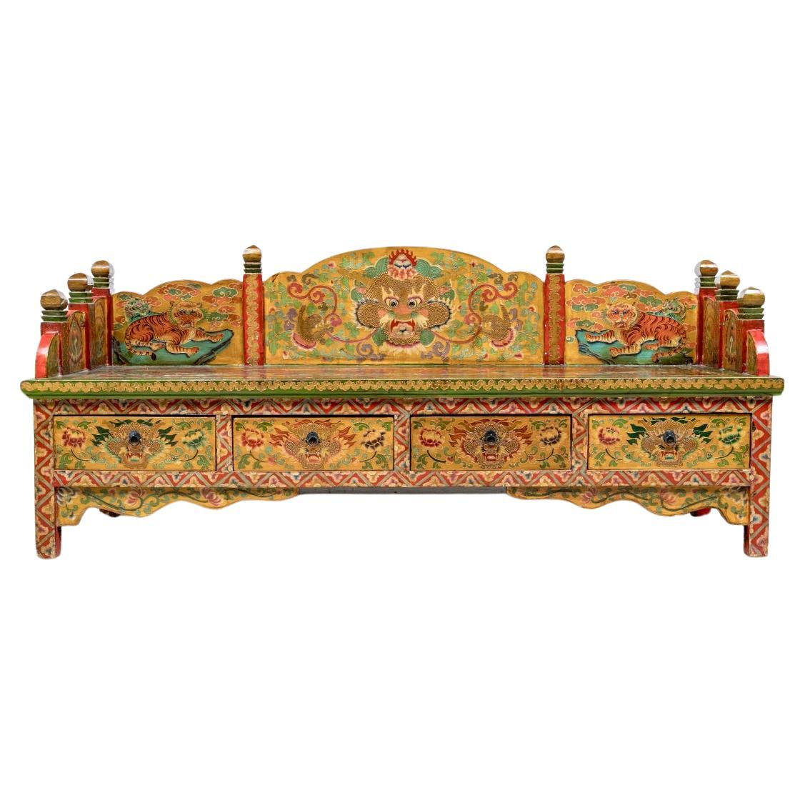 Tibetan Carved And Hand Paint Bench with Elaborate Decoration For Sale