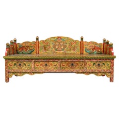 Tibetan Carved And Hand Paint Bench with Elaborate Decoration