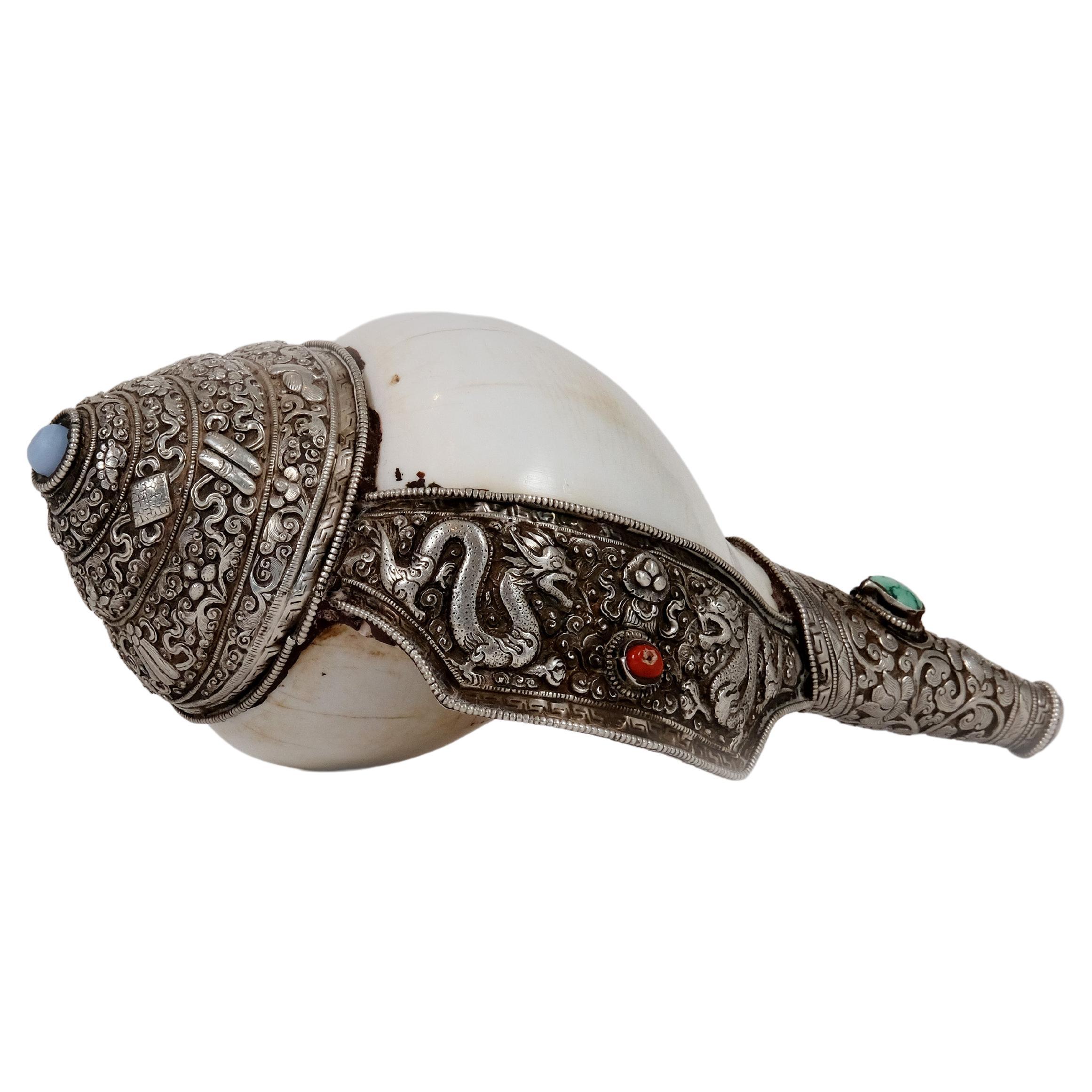 Tibetan Ceremonial Silver Studded Conch with Semi-Precious Stones For Sale