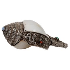 Antique Tibetan Ceremonial Silver Studded Conch with Semi-Precious Stones