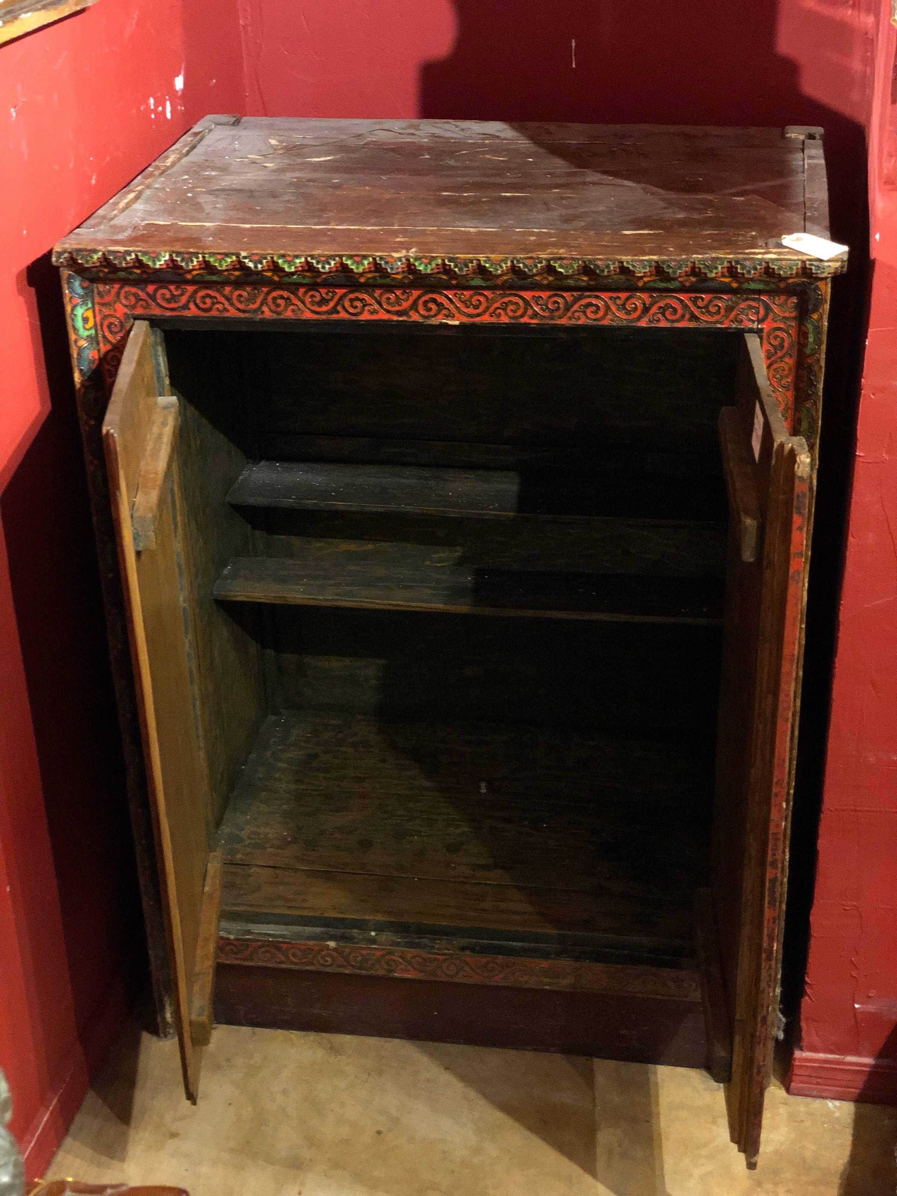 This bright red painted cabinet is from Tibet, circa 19th century.
It comes with a “Certificate of Authenticity”.
It has one internal shelf.
Door work properly and stay closed.
We have a group of Tibetan chests that are all sold individually on