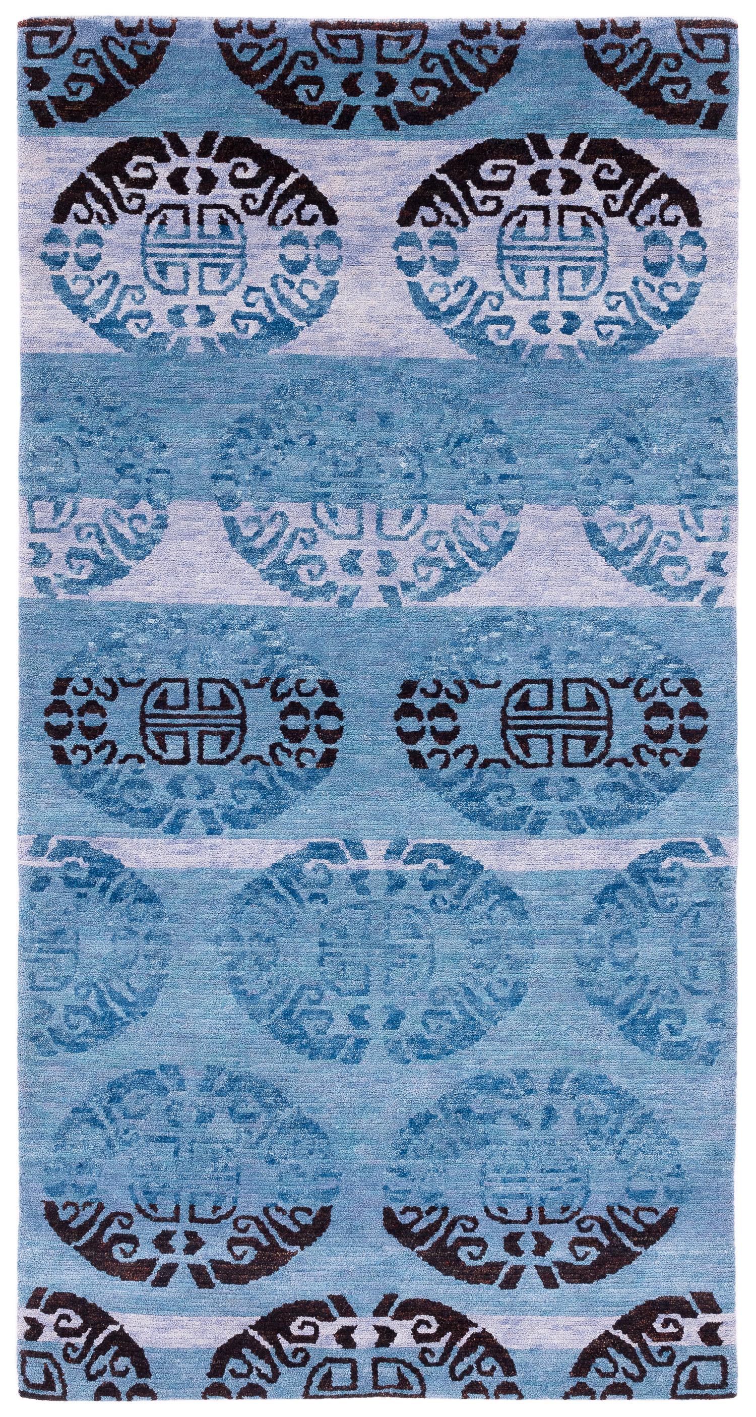 Tappeto a rotelle Tibetan Coin Medallion Indigo Wool Handmade Small Runner Rug di Joseph Carini in vendita 8