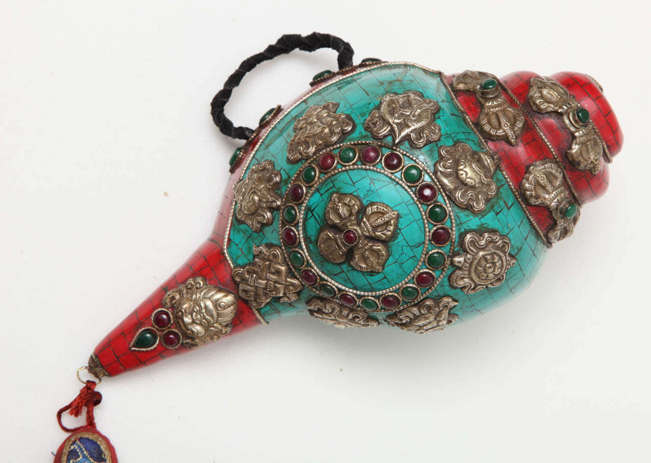 Other Tibetan Conch Shell with Turquoise, Silver and Coral Inlays, Early 20th Century