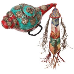 Tibetan Conch Shell with Turquoise, Silver and Coral Inlays, Early 20th Century