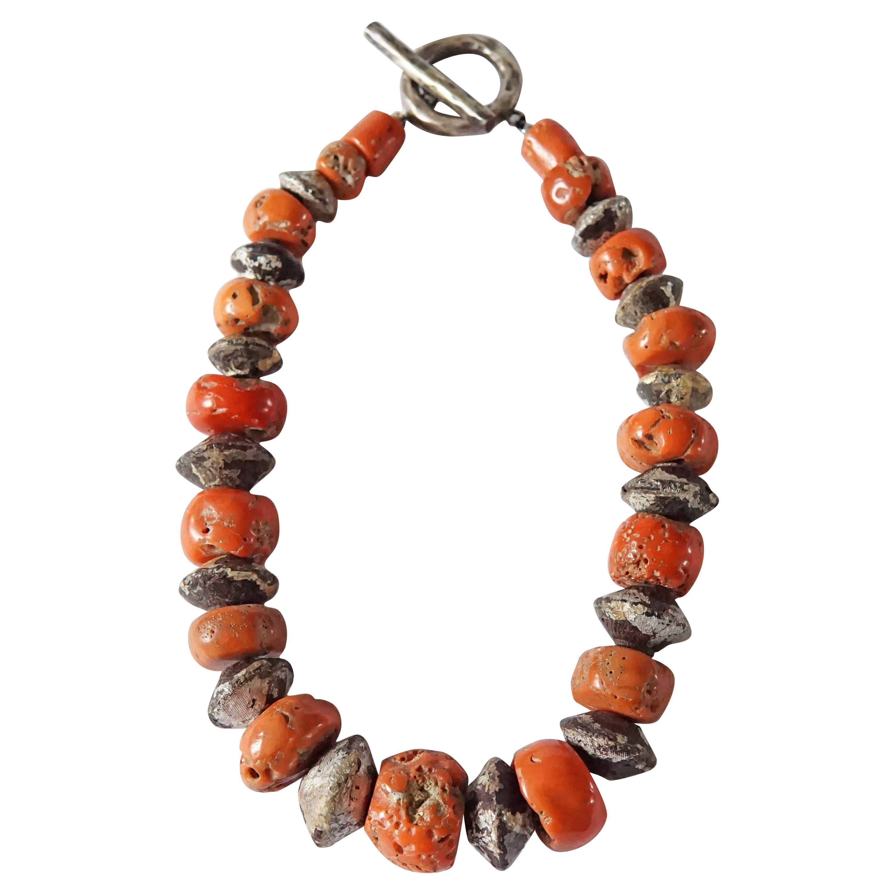 Tibetan Coral Necklace with Silver Painted Wooden Beads c. 1900