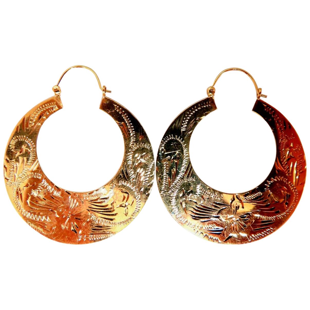 Tibetan Crescent Carved Gold Earrings 14 Karat For Sale