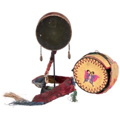 Used Tibetan Damaru Drum on Stand, c. 1850