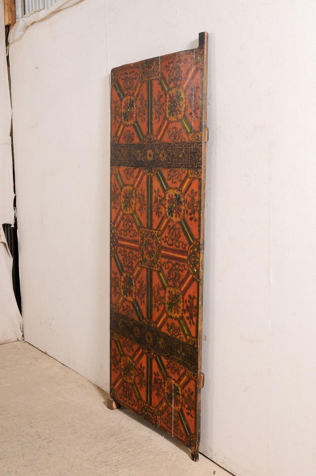 Wood Tibetan Door w/Colorful Hand-Painted Panels in Geometric and Floral Motif