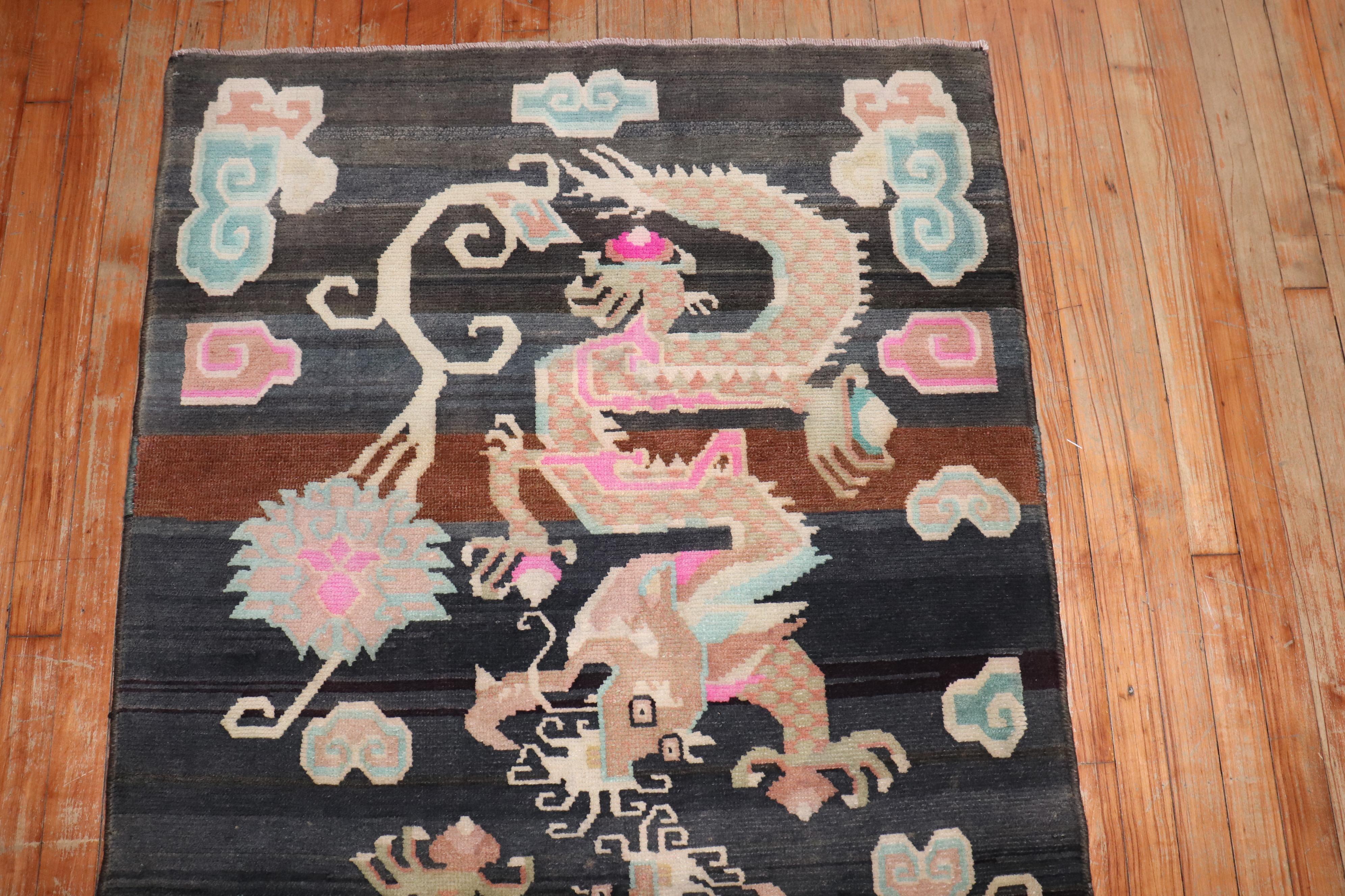 Tibetan Double Dragon Vintage Rug In Good Condition For Sale In New York, NY