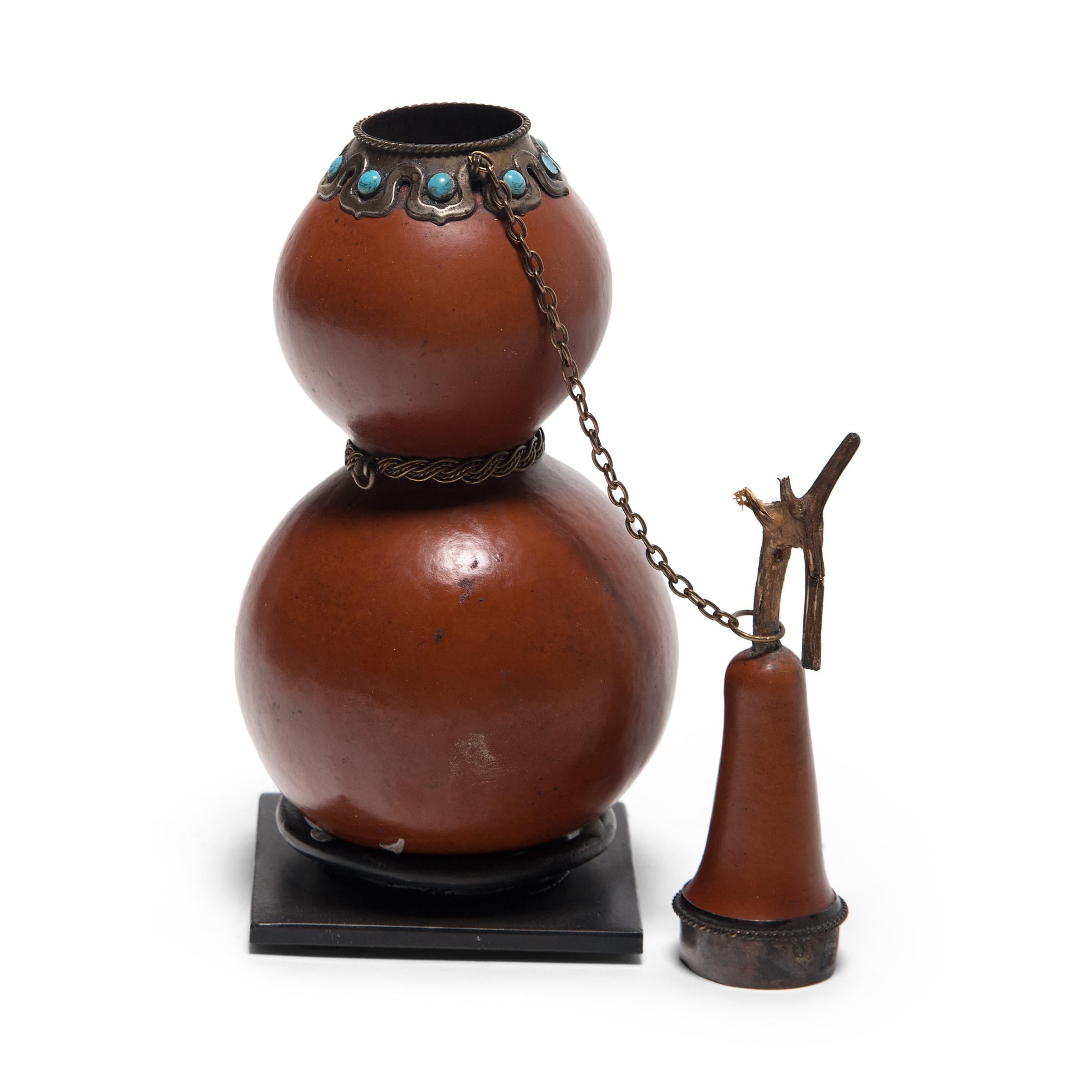 19th Century Tibetan Double Gourd Flask on Stand, c. 1850 For Sale