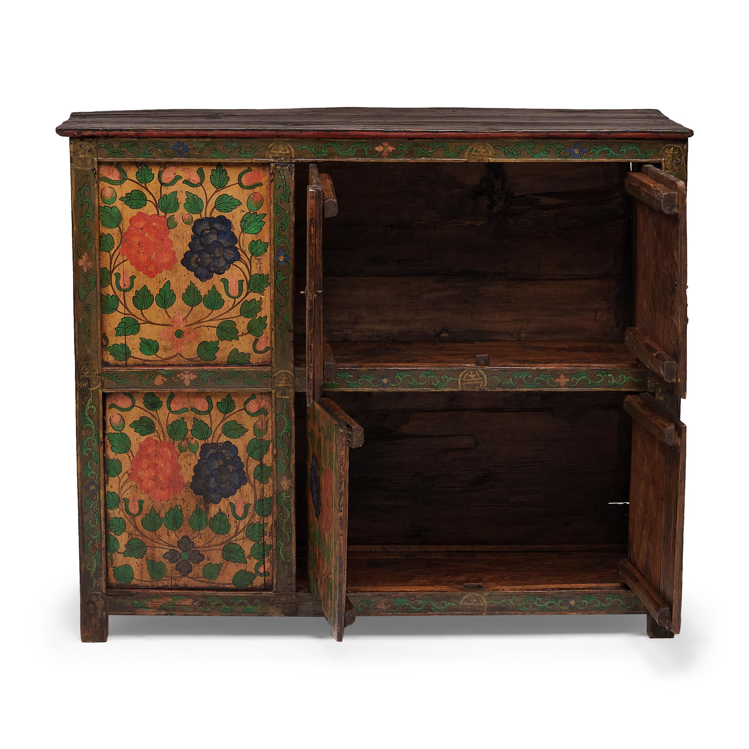 Hand-Painted Tibetan Double Peony Cabinet, c. 1900