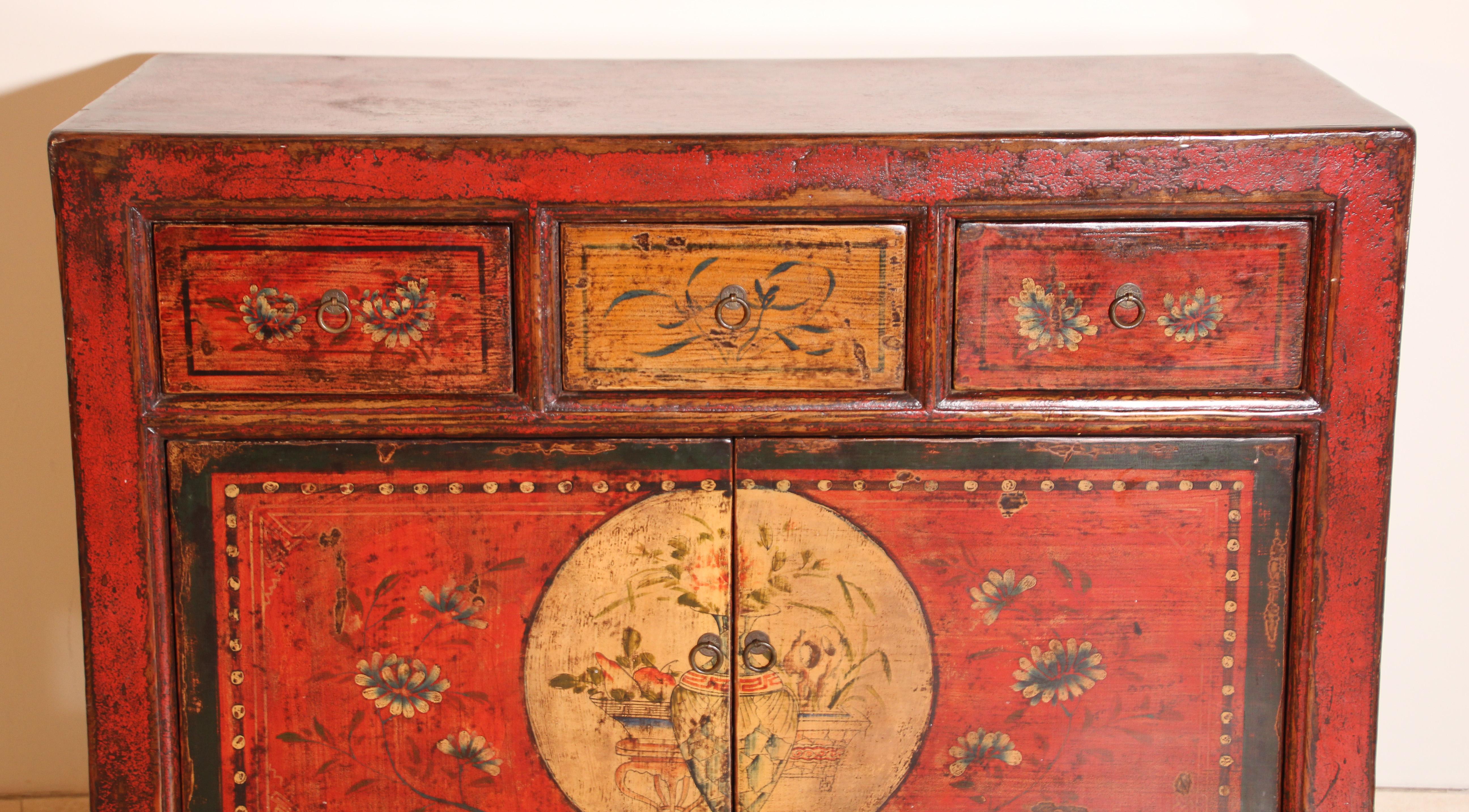 Wood Tibetan Dowry Hand Painted Cabinet