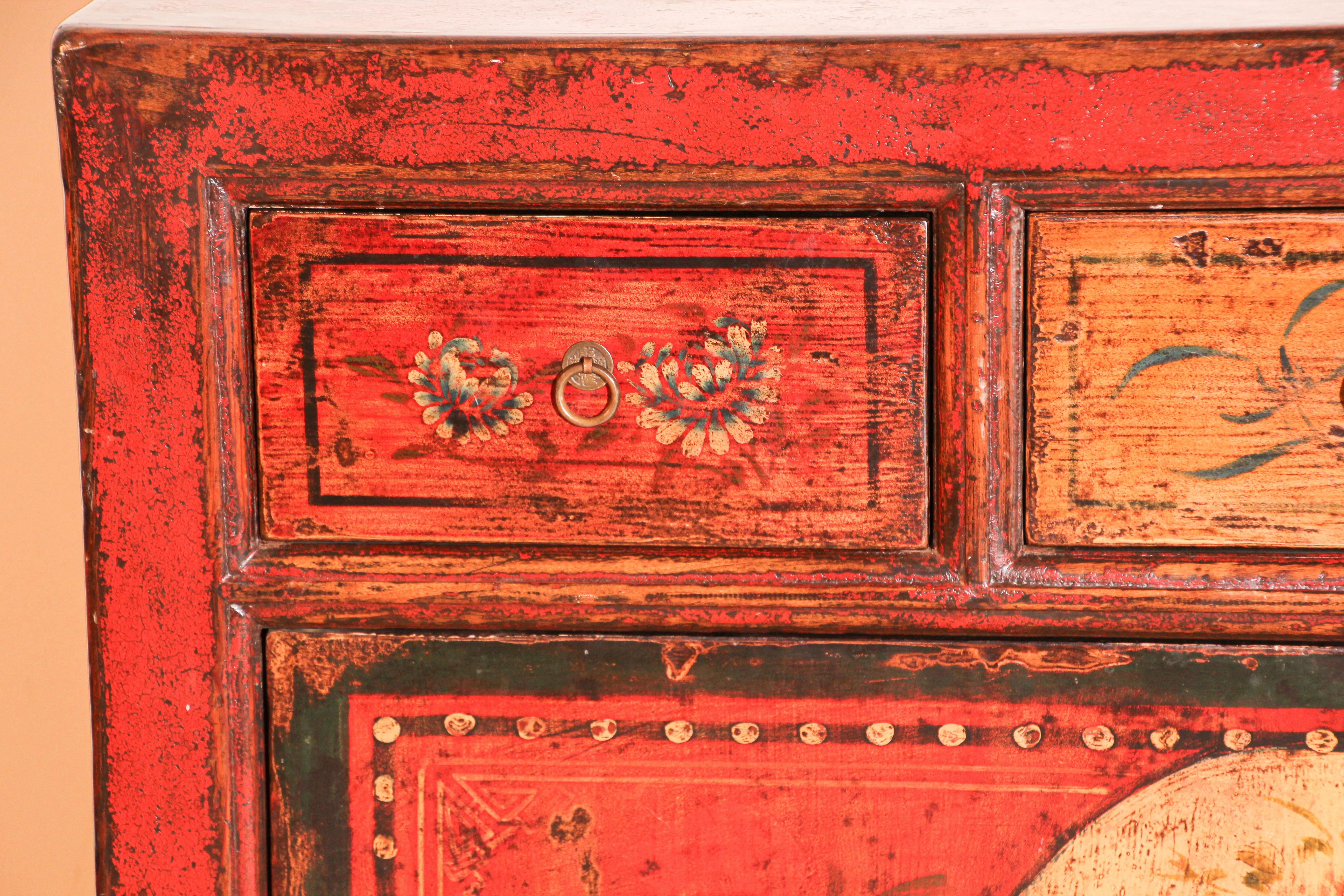 Hand-Crafted Tibetan Dowry Hand Painted Cabinet