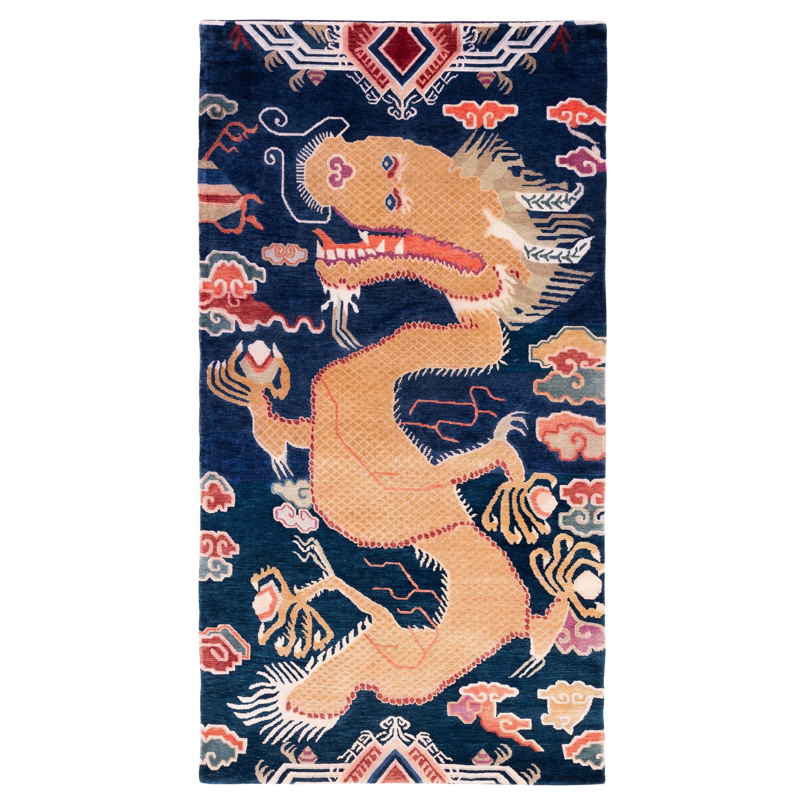 Alfombra de lana Tibetan Dragon Indigo Tibetan Clouds Accessory by Joseph Carini en venta