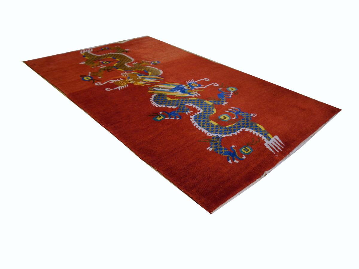 Tibetan Dragon Rug Pure Wool Hand Knotted 2 Dragons on Red Field Mid Century 2