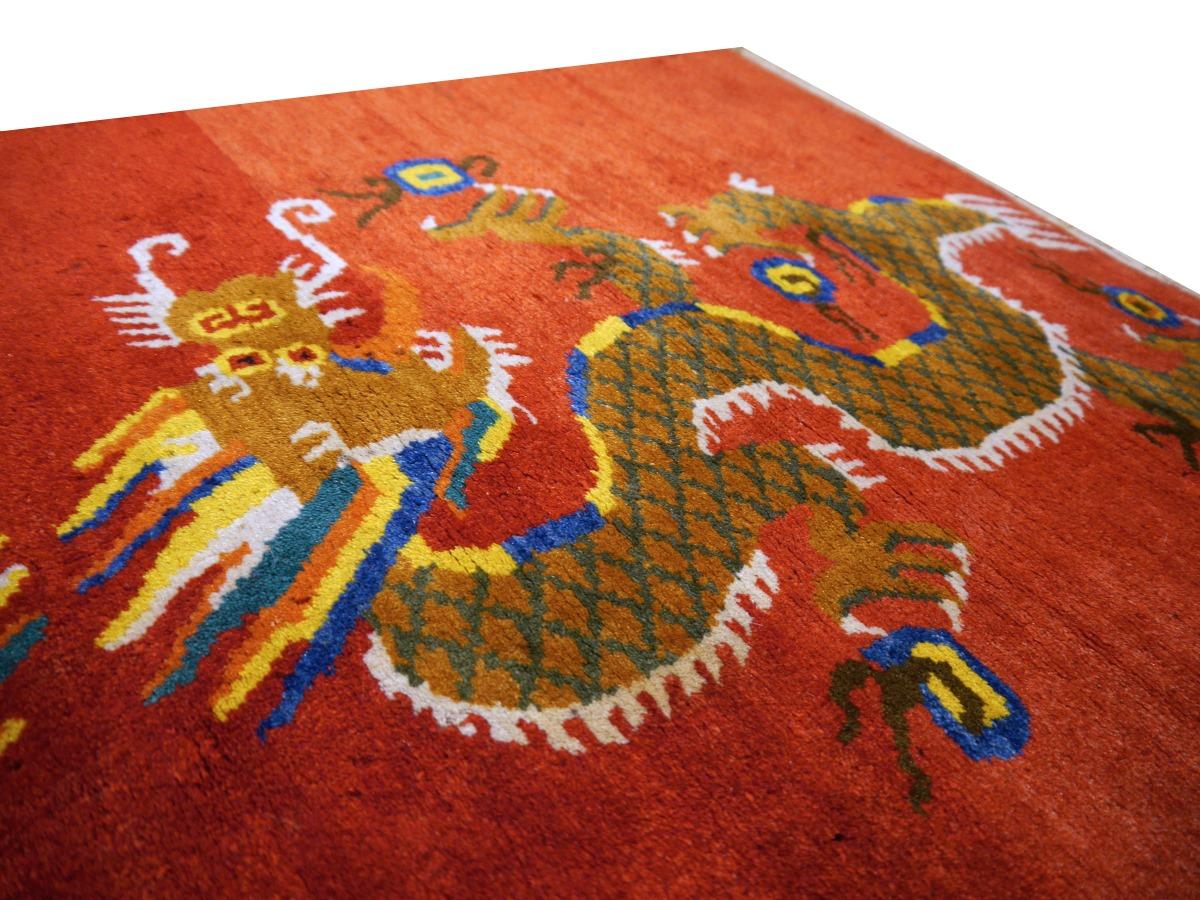 Tibetan Dragon Rug Pure Wool Hand Knotted 2 Dragons on Red Field Mid Century 3