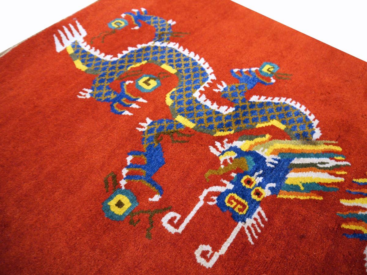 Tibetan Dragon Rug Pure Wool Hand Knotted 2 Dragons on Red Field Mid Century 4