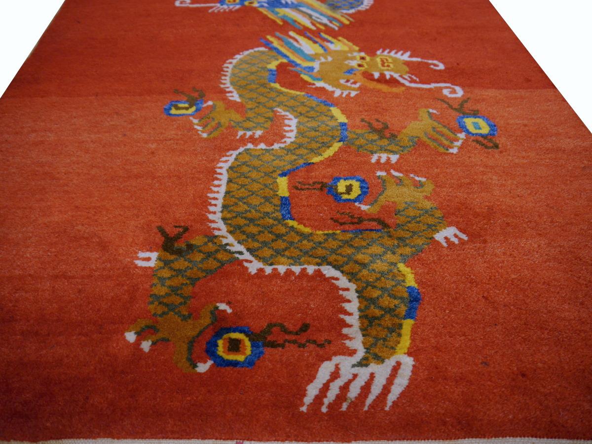 Art Deco Tibetan Dragon Rug Pure Wool Hand Knotted 2 Dragons on Red Field Mid Century