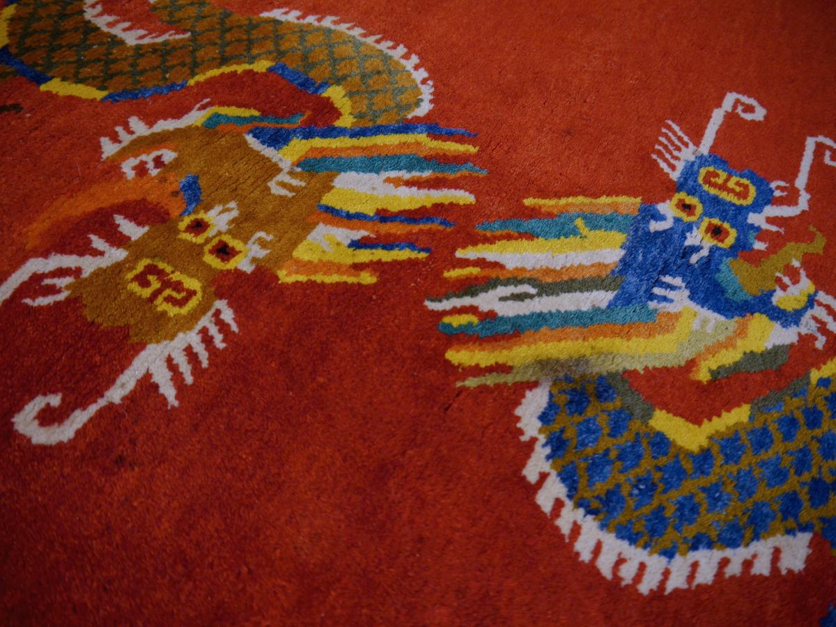 Nepalese Tibetan Dragon Rug Pure Wool Hand Knotted 2 Dragons on Red Field Mid Century