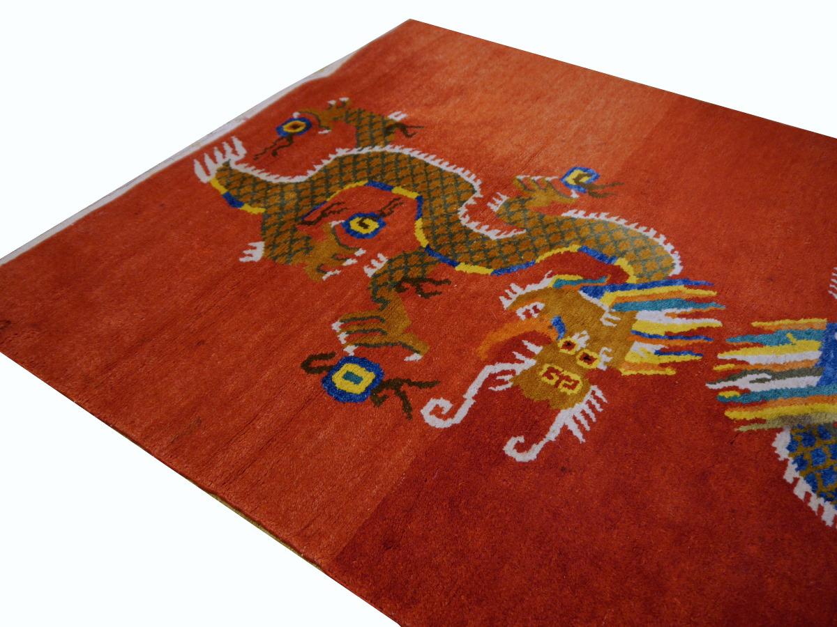 Mid-20th Century Tibetan Dragon Rug Pure Wool Hand Knotted 2 Dragons on Red Field Mid Century