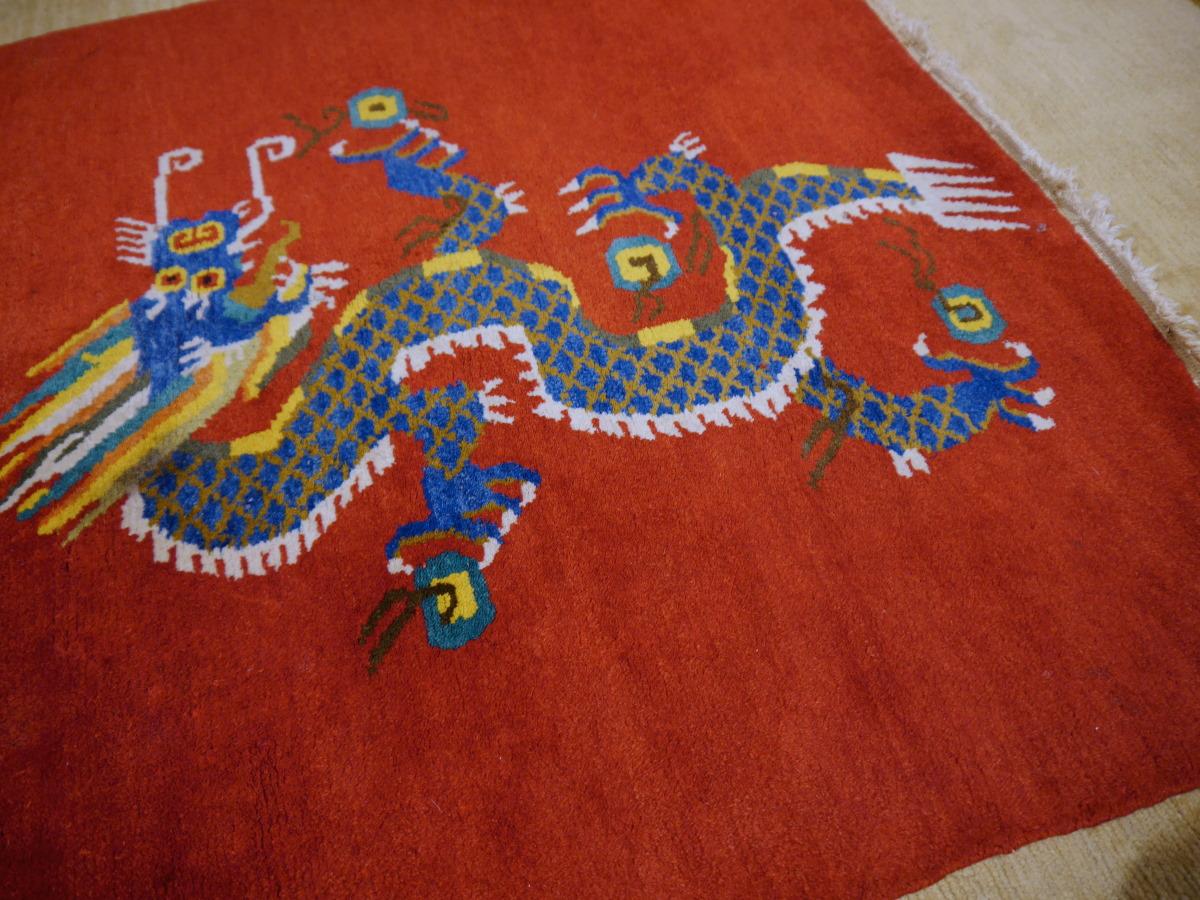 Tibetan Dragon Rug Pure Wool Hand Knotted 2 Dragons on Red Field Mid Century 1