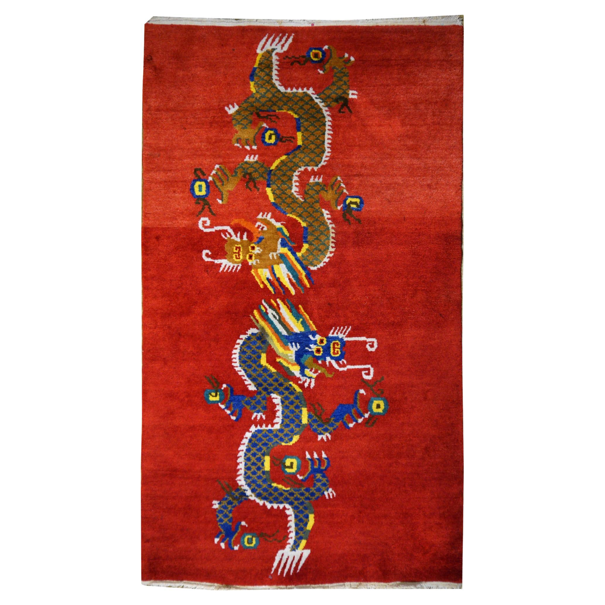 Tibetan Dragon Rug Pure Wool Hand Knotted 2 Dragons on Red Field Mid Century