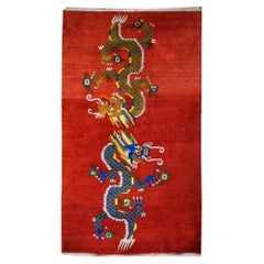 Vintage Tibetan Dragon Rug Pure Wool Hand Knotted 2 Dragons on Red Field Mid Century