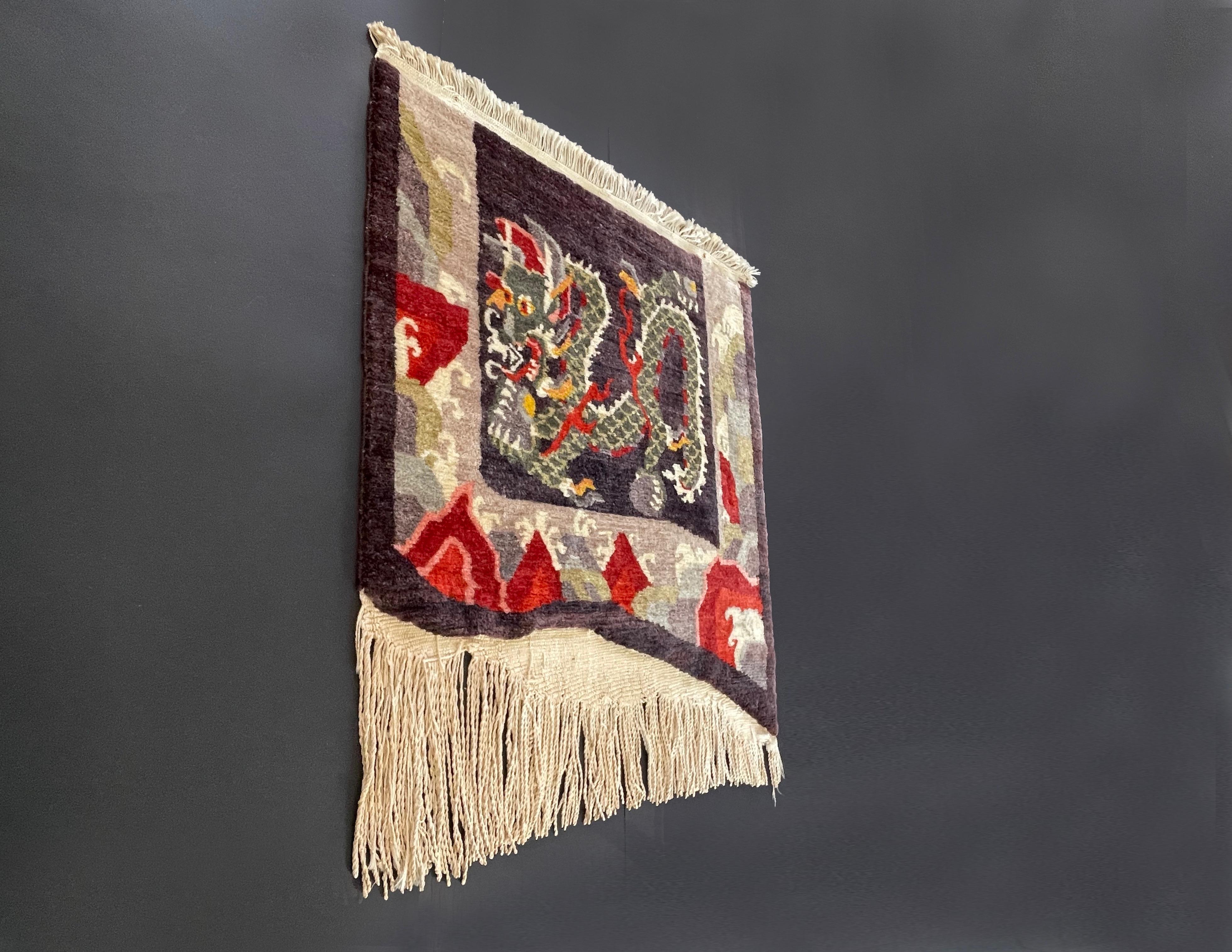 Art Deco Tibetan Dragon Rug Pure Wool Hand Knotted, Asymmetrical Tapestry, 1970s For Sale