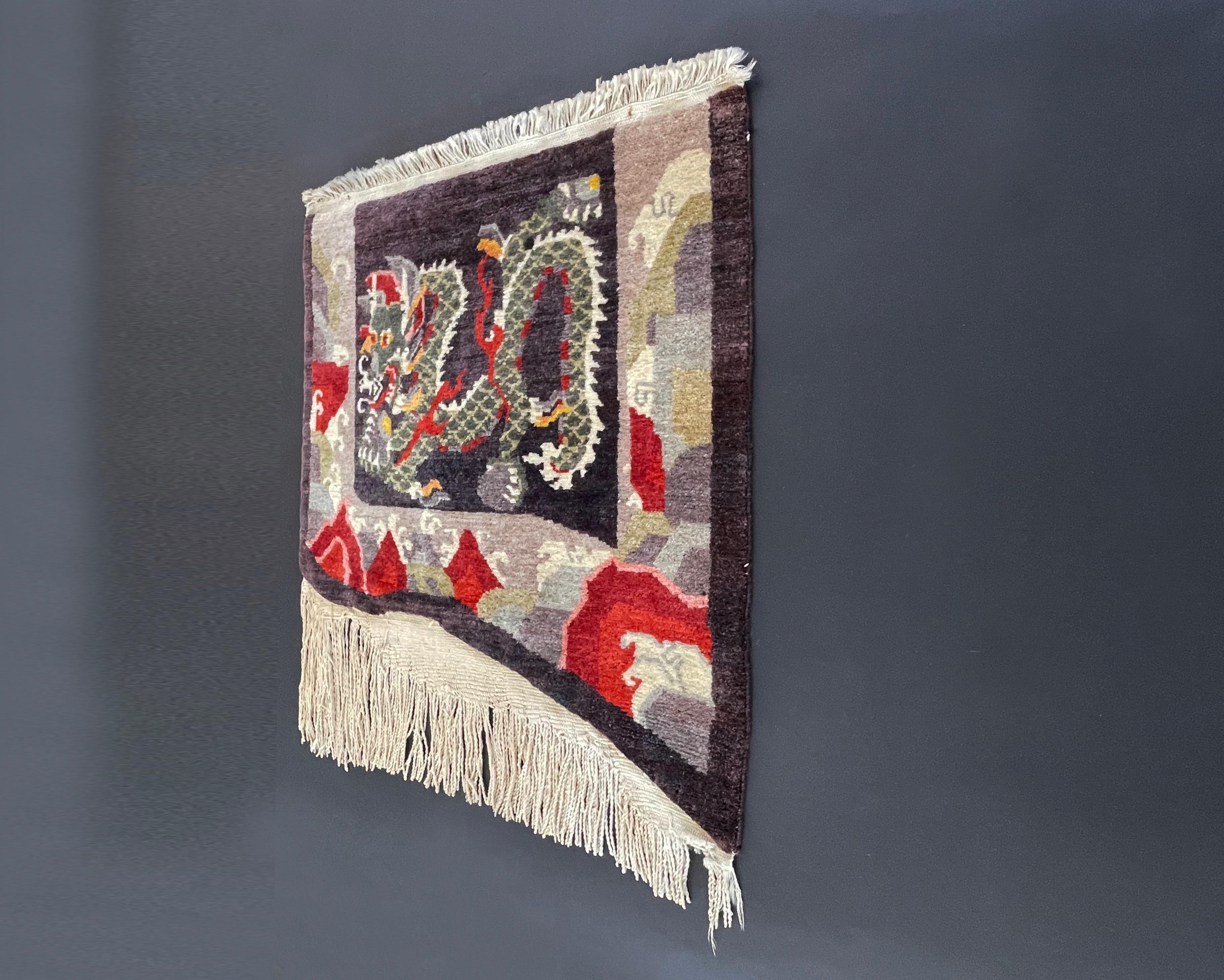 Hand-Knotted Tibetan Dragon Rug Pure Wool Hand Knotted, Asymmetrical Tapestry, 1970s For Sale