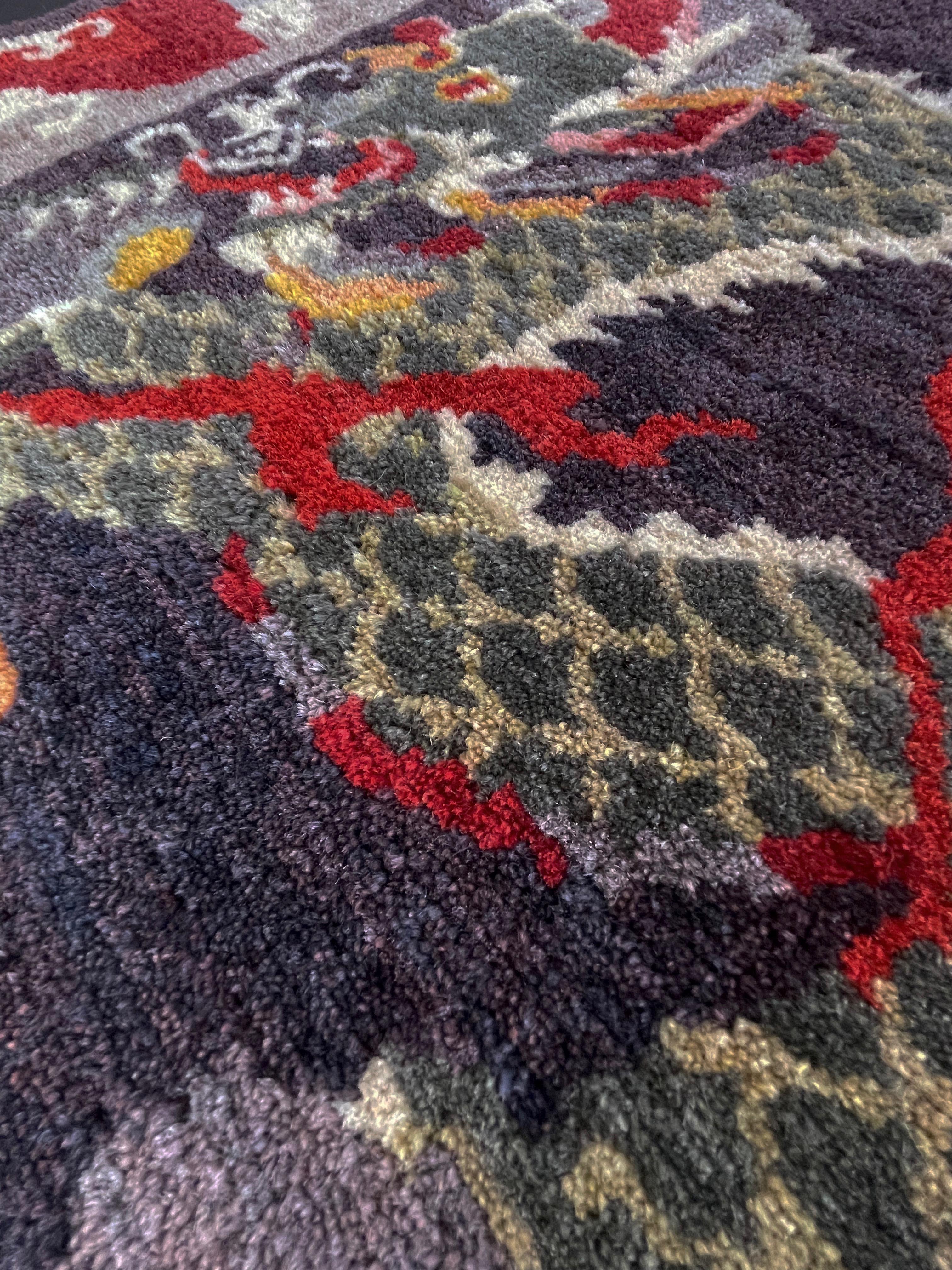 Tibetan Dragon Rug Pure Wool Hand Knotted, Asymmetrical Tapestry, 1970s In Good Condition For Sale In Andernach, DE