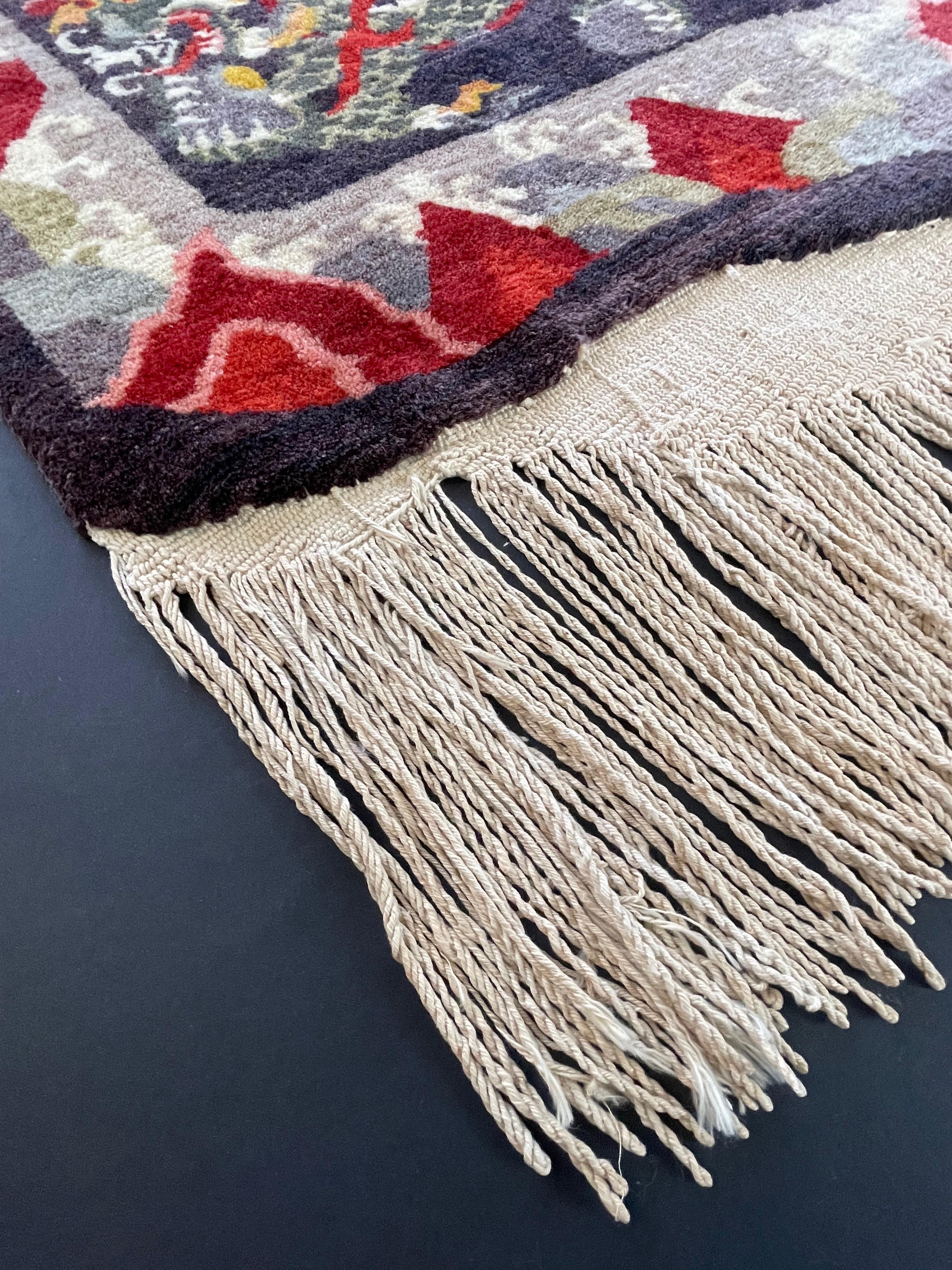 20th Century Tibetan Dragon Rug Pure Wool Hand Knotted, Asymmetrical Tapestry, 1970s For Sale