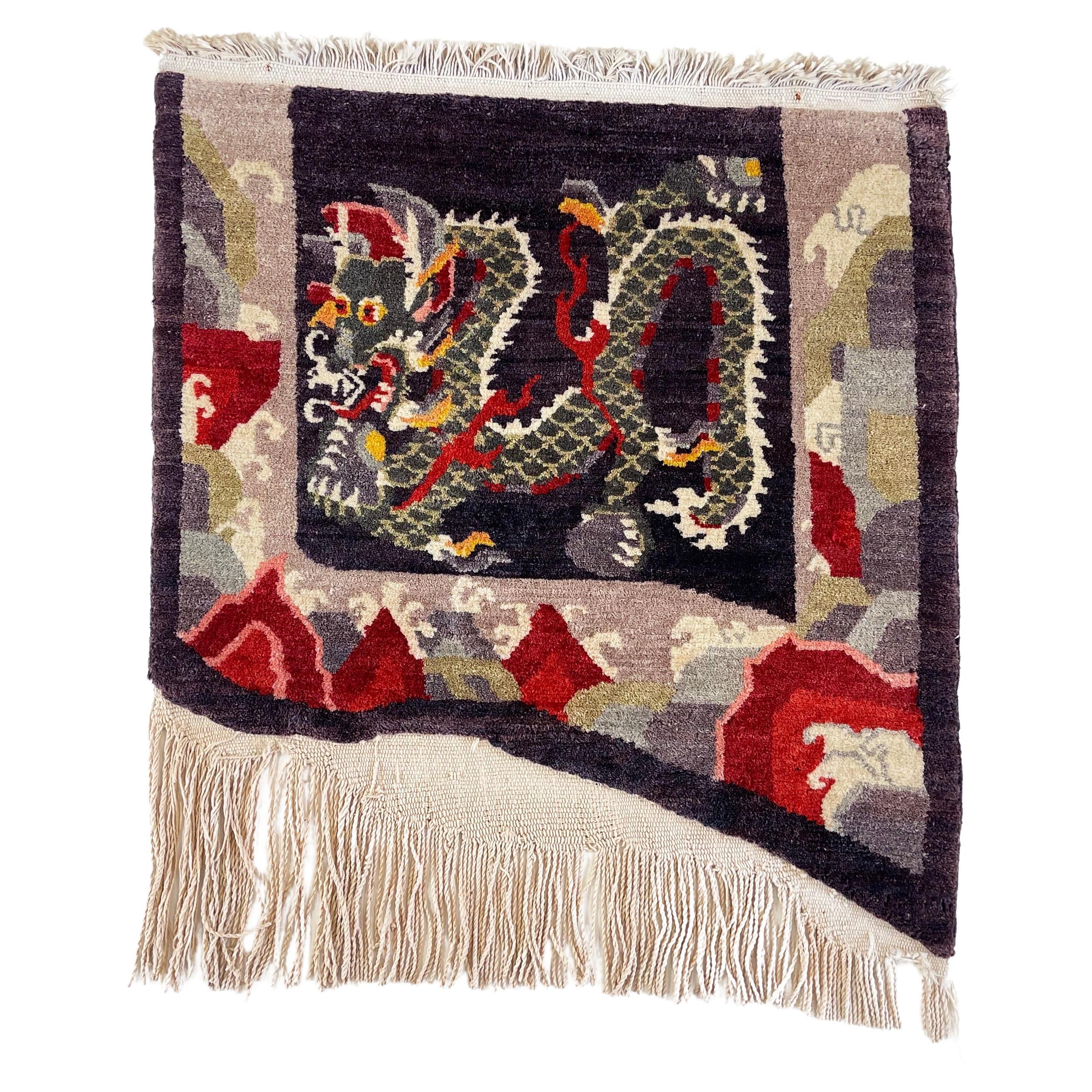 Tibetan Dragon Rug Pure Wool Hand Knotted, Asymmetrical Tapestry, 1970s For Sale