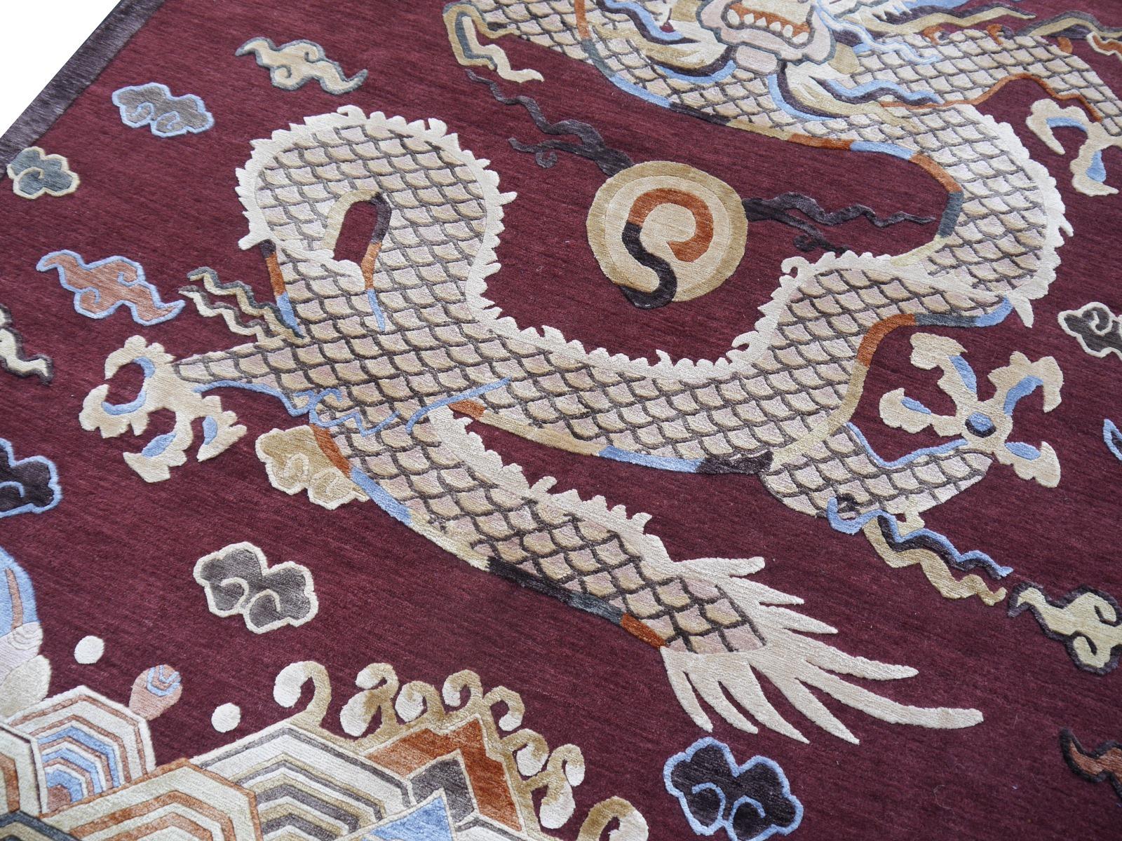 Hand-Knotted Tibetan Dragon Rug Wool Silk in Style of Imperial Chinese Kansu Design Carpets For Sale