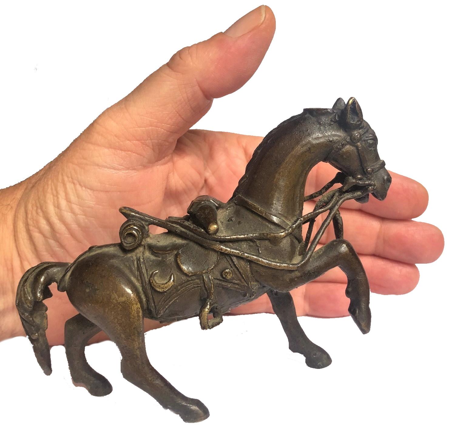 Patinated Tibetan Equestrian Bronze Sculpture of Horse in Full Harness, 17th Century For Sale