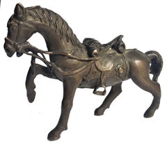 Antique Tibetan Equestrian Bronze Sculpture of Horse in Full Harness, 17th Century