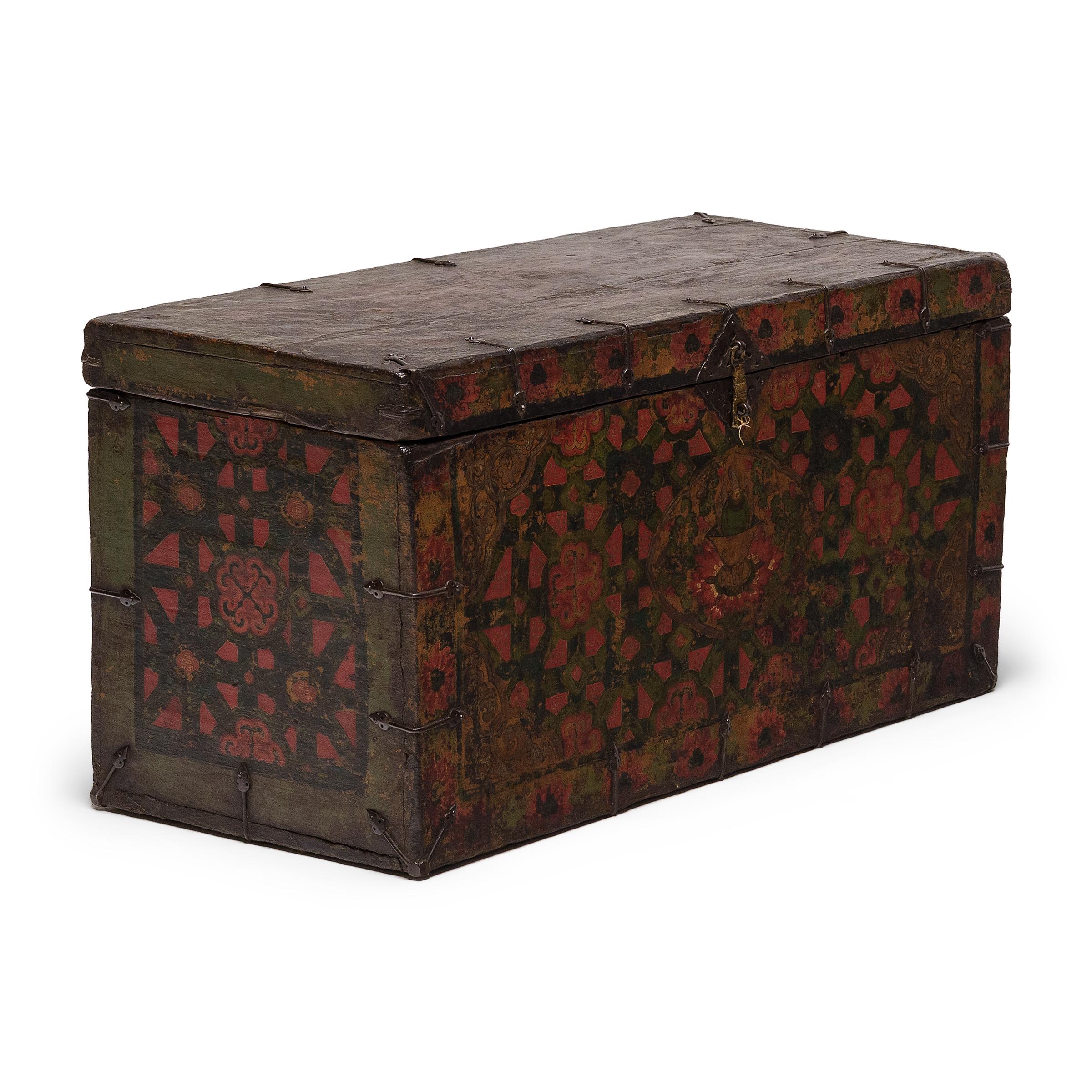 Hand-Painted Tibetan Flaming Jewel Trunk, c. 1850 For Sale