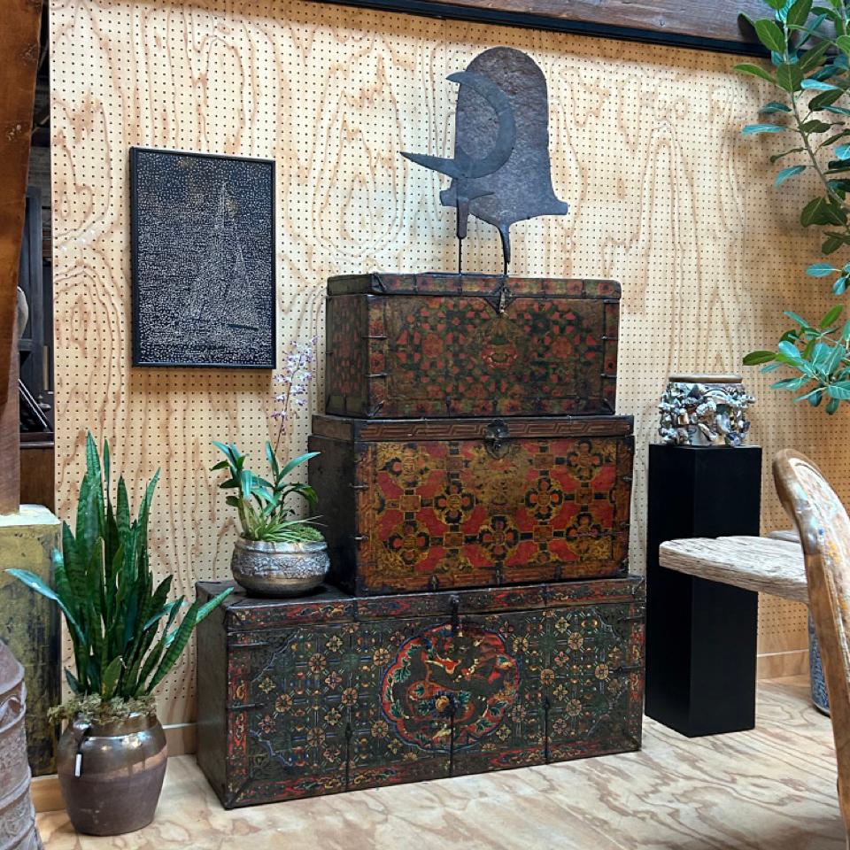 Pine Tibetan Flaming Jewel Trunk, c. 1850 For Sale