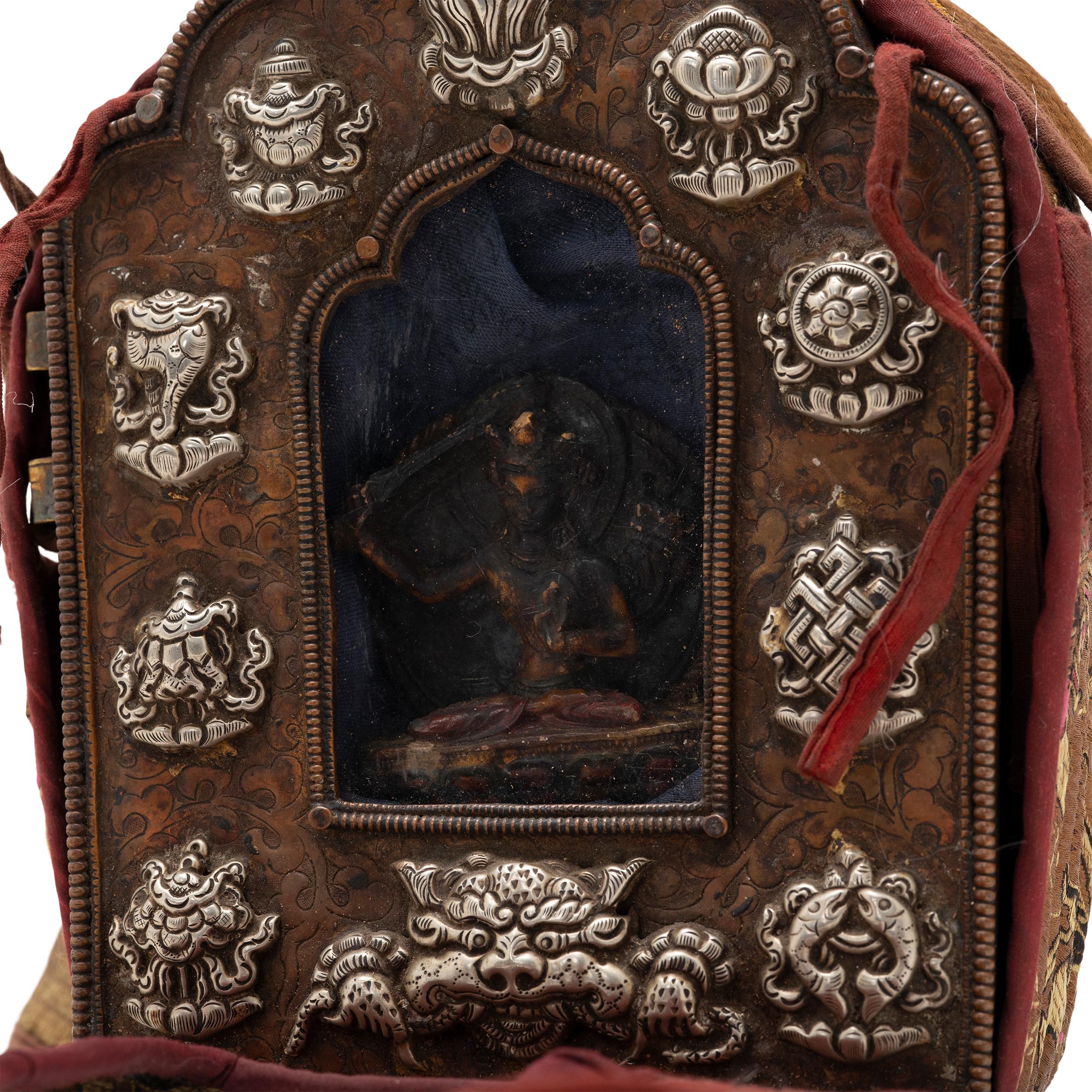 20th Century Tibetan Gau Traveling Shrine with Silk Case, c. 1900 For Sale
