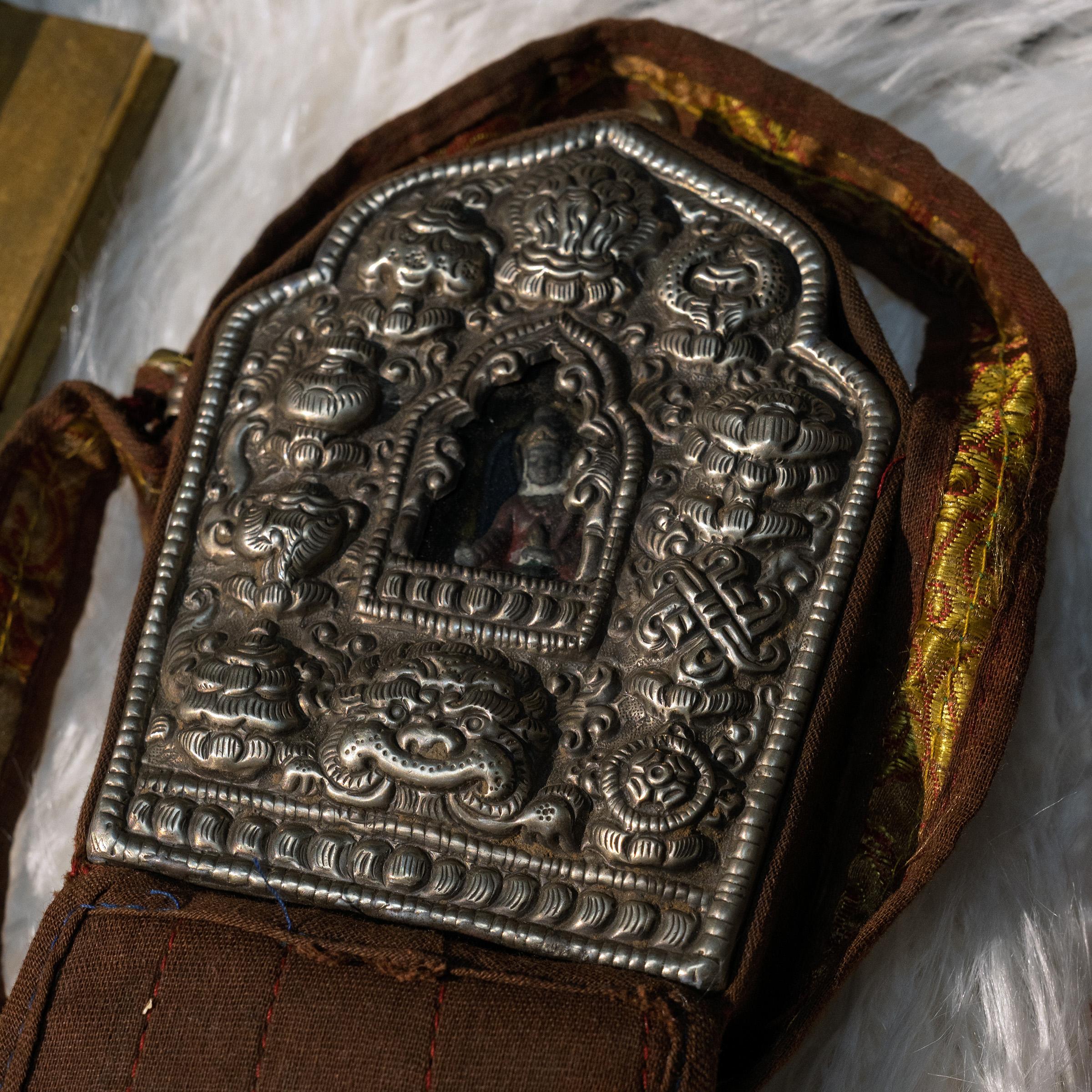 Tibetan Gau Traveling Shrine with Silk Case, c. 1900 In Good Condition For Sale In Chicago, IL