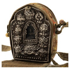 Tibetan Gau Traveling Shrine with Silk Case, c. 1900