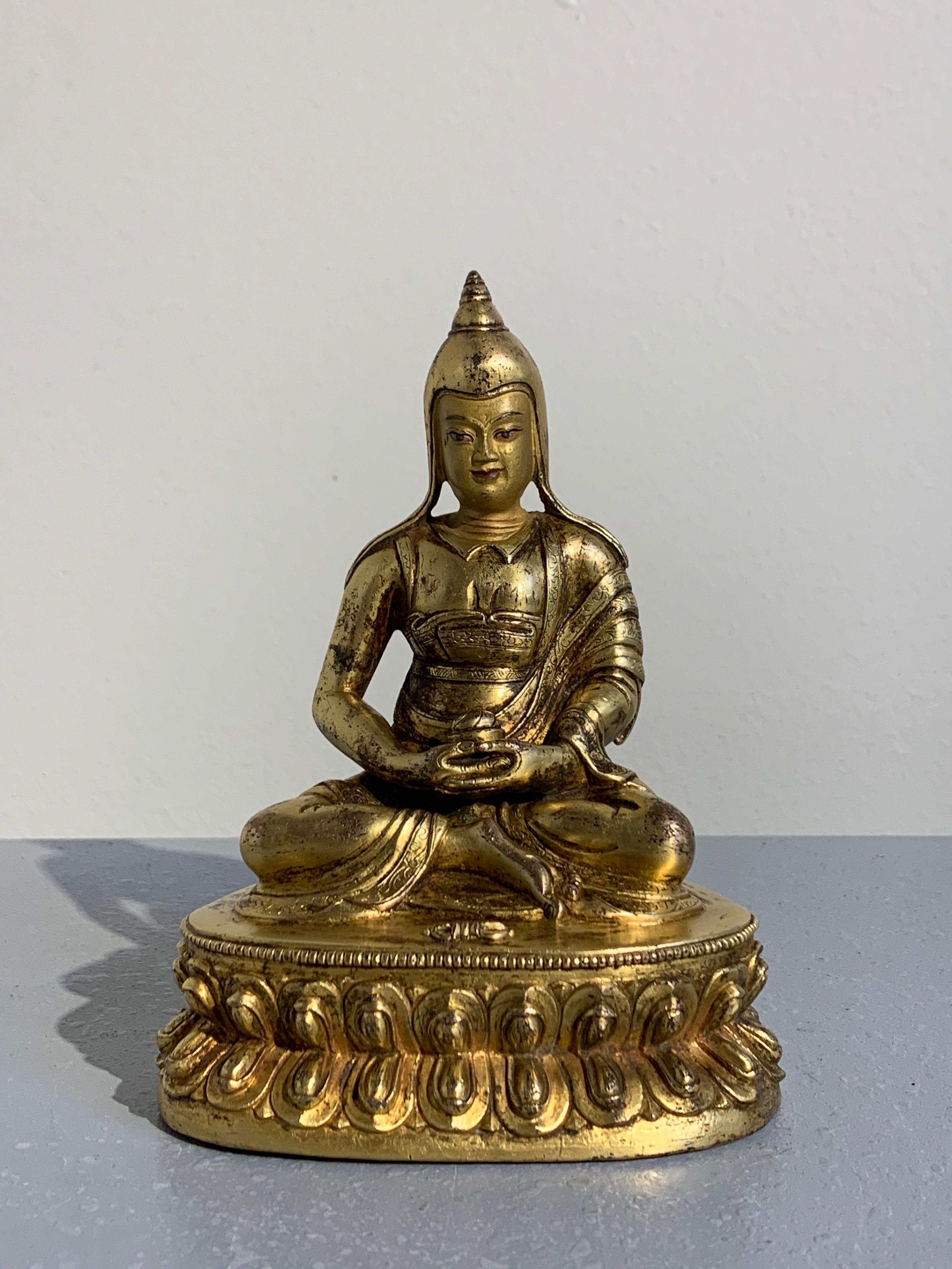 Tibetan Gilt Bronze Figure of Shantideva, 16th-17th Century, Tibet In Good Condition In Austin, TX
