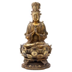 Sculpture hindoue bouddhiste tibétaine en bronze doré représentant Avalokiteshvara Fin C.C.